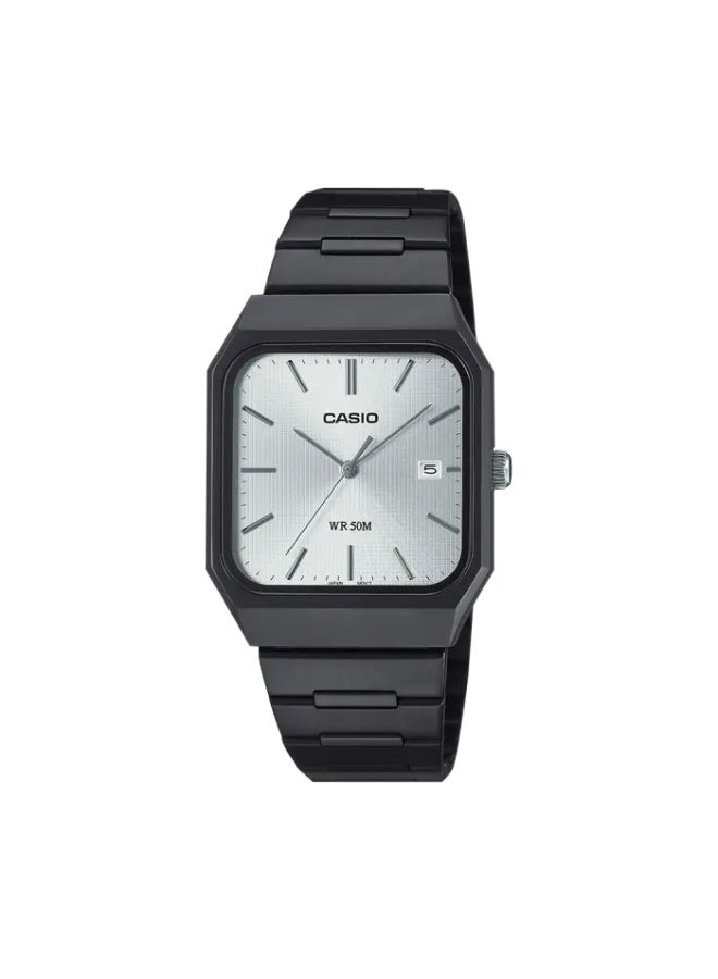 ساعة كاسيو MTP‑B185B‑7AVDF أنالوج للجنسين، قرص فضي، سوار من الفولاذ المقاوم للصدأ مطلي باللون الأسود، مقاومة للماء حتى 50م